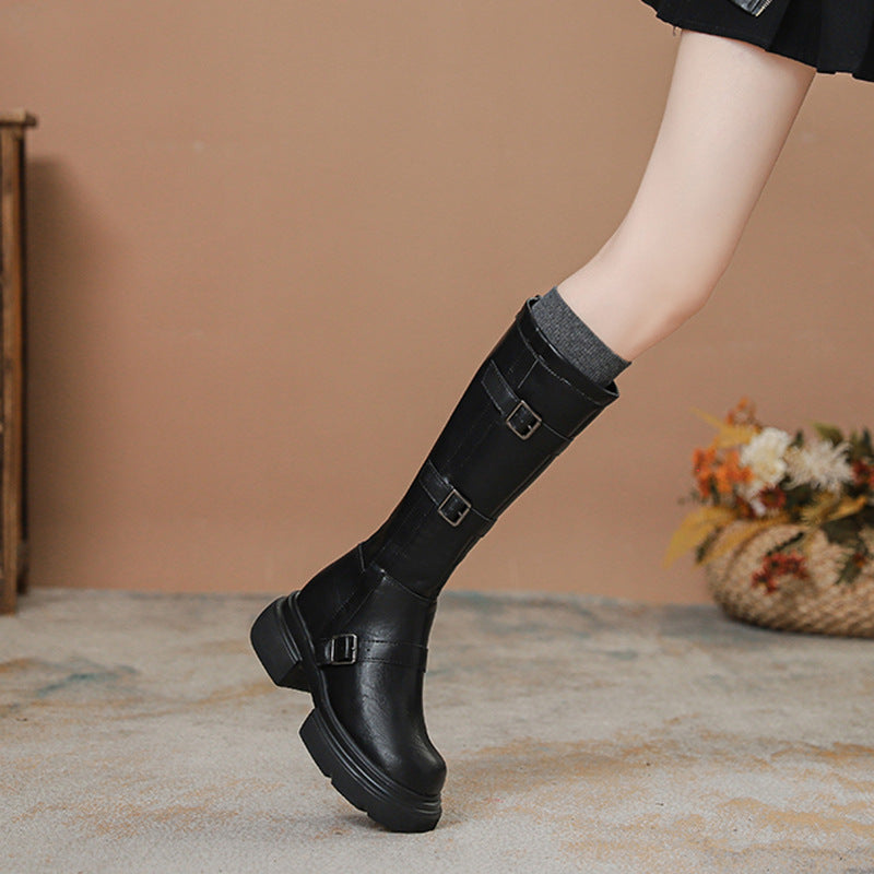 Women's Brown Small Hidden Platform Versatile Knee-high Below Boots