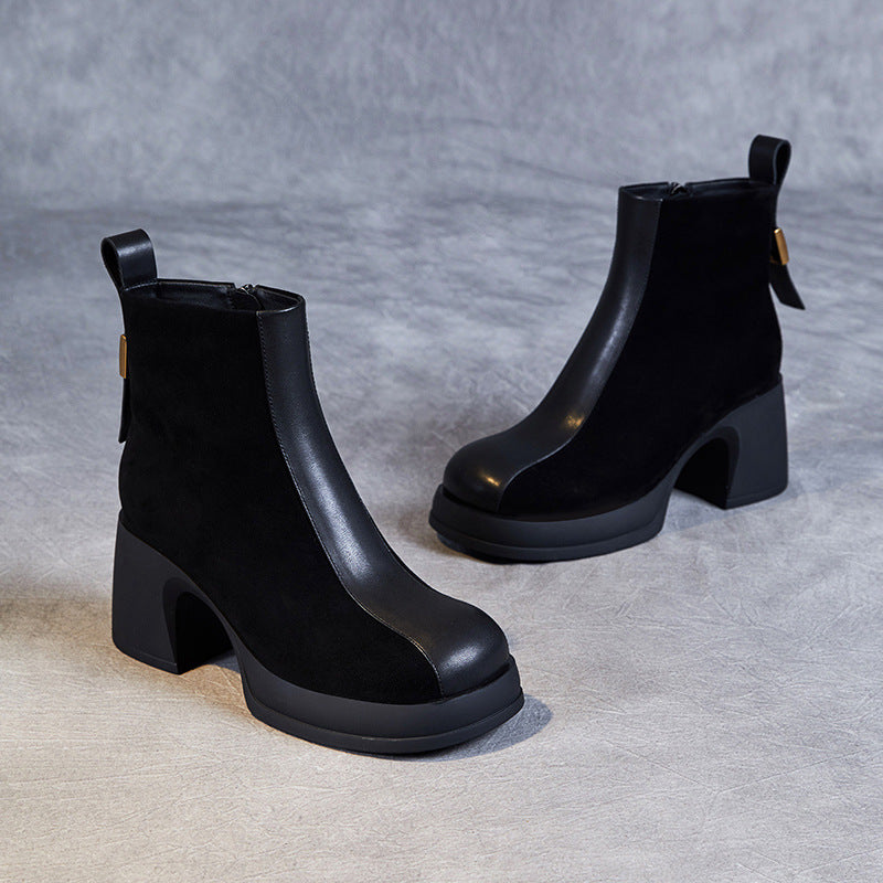 Women's Sheep Split High Fashion Genuine Chelsea Fleece-lined Thick Cowhide Thin Boots