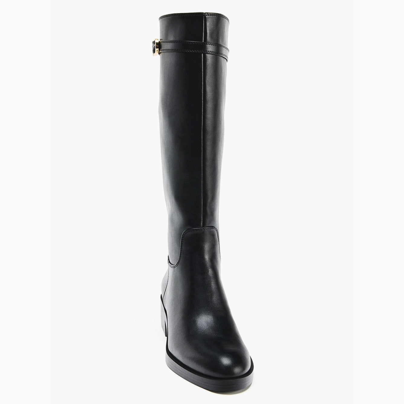 Women's Cowhide Knight Chunky Round Toe Buckle Women's Leather Boots