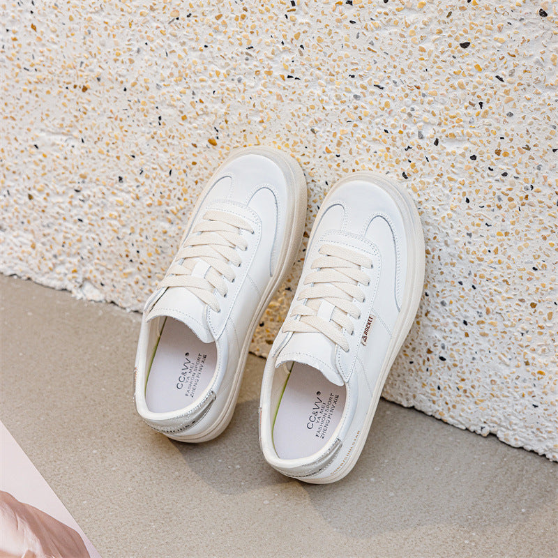 Women's Cowhide Flat Spring White Comfortable Versatile Sneakers