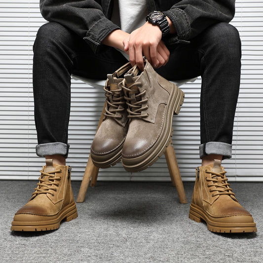 Men's Bottom Height Increase Device Car Style Pure Black Boots