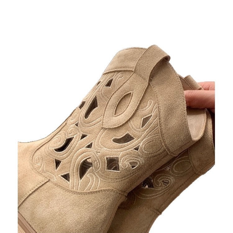 Two Versions Hot Hollowed Embroidery Chunky Knee-high Women's Leather Boots