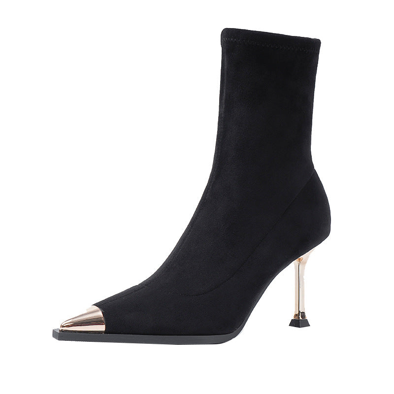 Women's Stretch Thin Booties Black Platform Ankle Metal Toe Women's Leather Boots