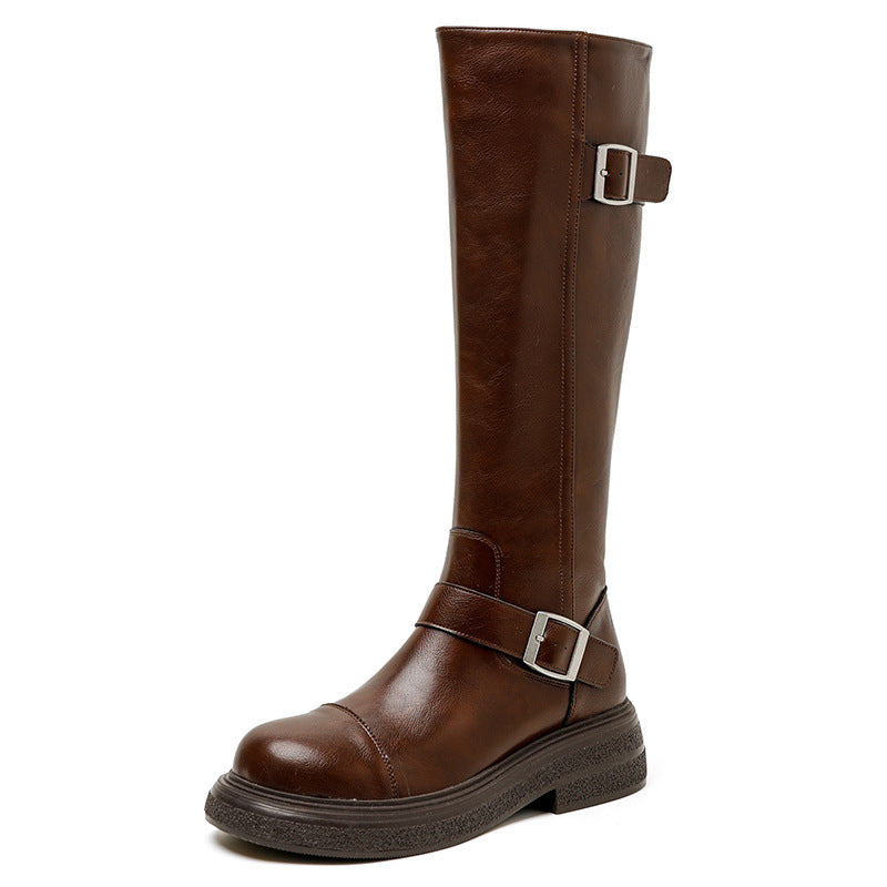Women's Style Knight Zipper Brown Western Denim Boots