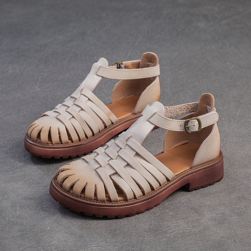 Toe Pitcher Plant Hollow Breathable Woven Retro Roman Style Top Flat Sandals