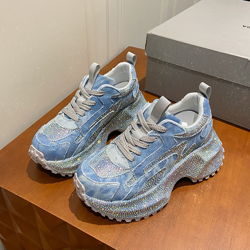 Women's Large Size Starry Rhinestone Dad Platform Height Women's Sports Shoes
