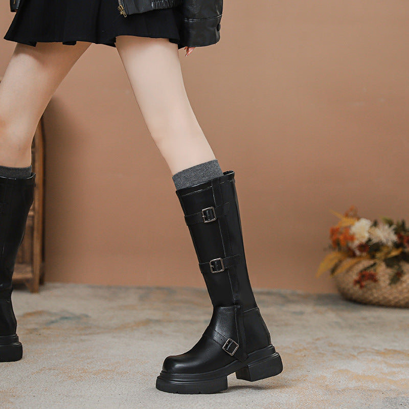 Women's Brown Small Hidden Platform Versatile Knee-high Below Boots