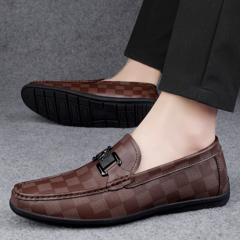 Men's Business Slip-on Flat Driving Plaid Cowhide Loafers