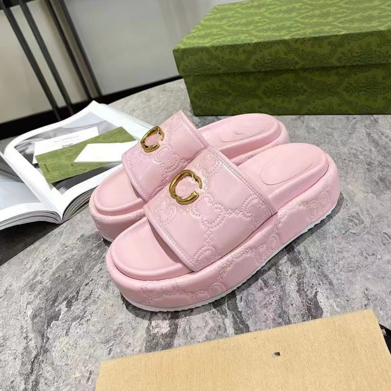 Women's Platform Embroidered Thread Height Increasing Metal Slippers