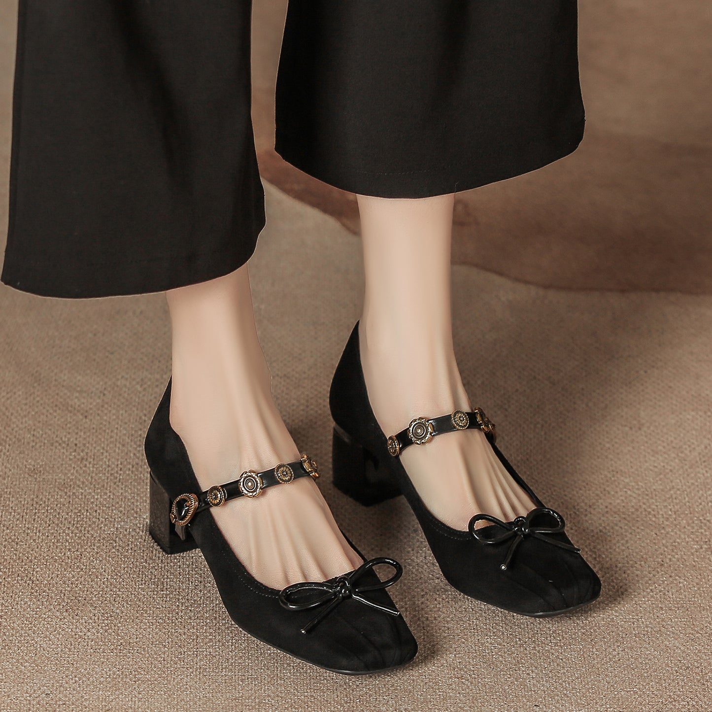 Women's Elegant Shallow Mouth Suede Pumps With Bow Strap Women's Shoes