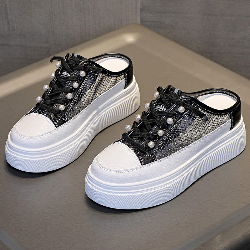 Women's Cap Platform Muffin Height Increasing Insole Pearl Slippers