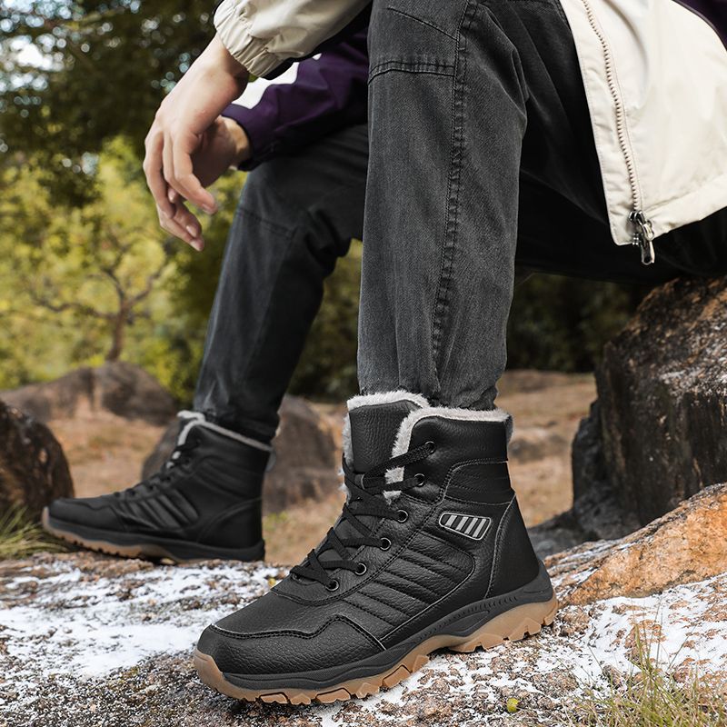 Men's Sole Fleece-lined Thick Hiking Black Cotton Snow Boots