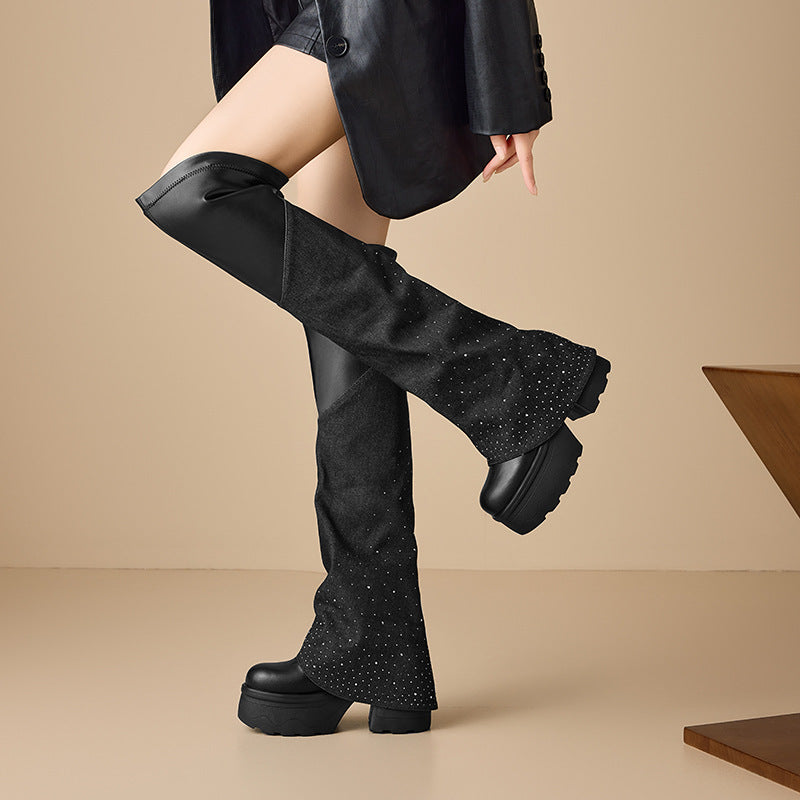 Women's Thick Bottom Height Increasing Fashionable Round Toe Stretch Denim Women's Leather Boots