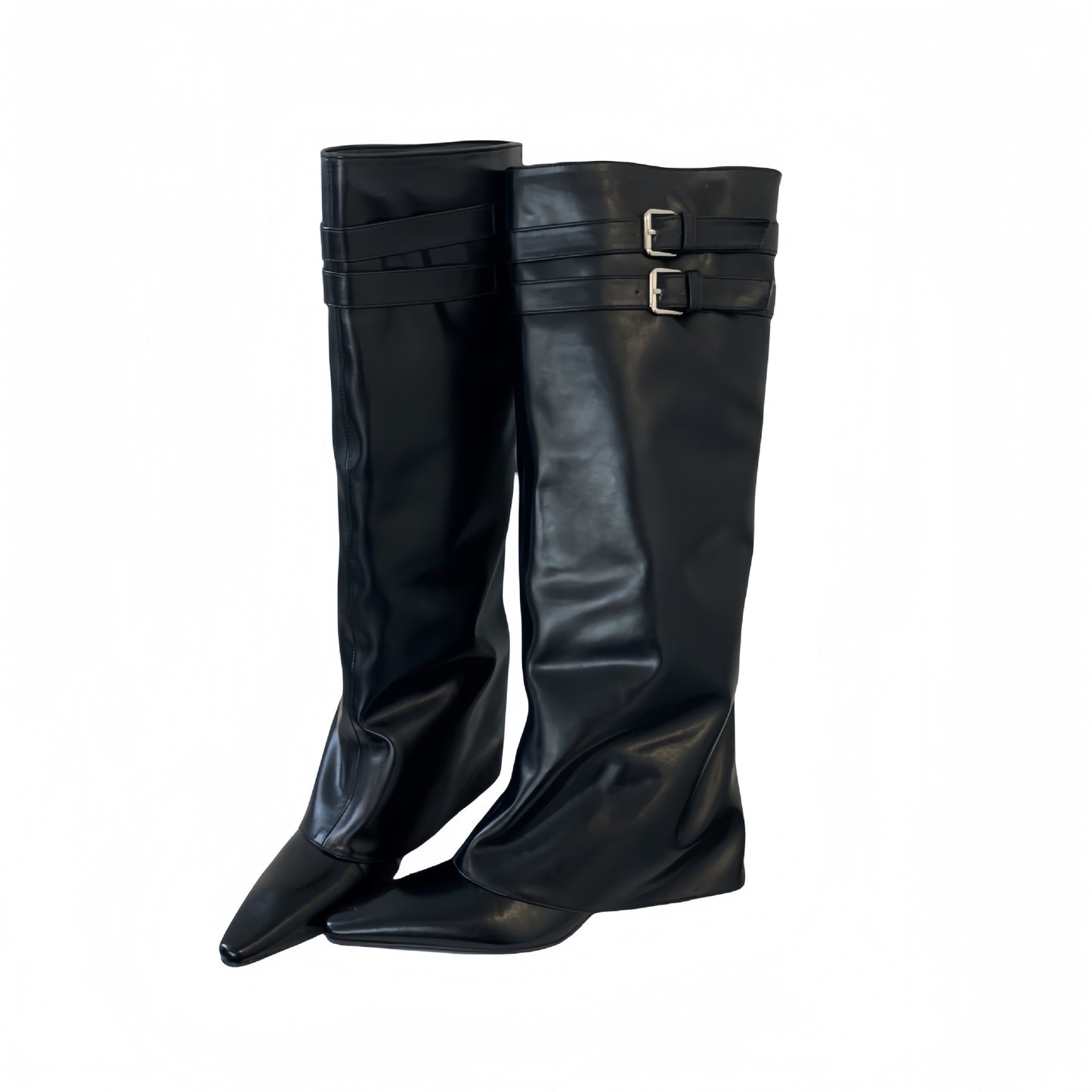 Korean Style Fashionable Pantyhose Pointed Toe Thin Mid Below The Women's Leather Boots