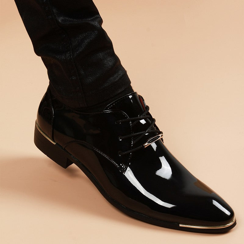 Men's Green Korean Style Bright Surface Pointed Height Leather Shoes