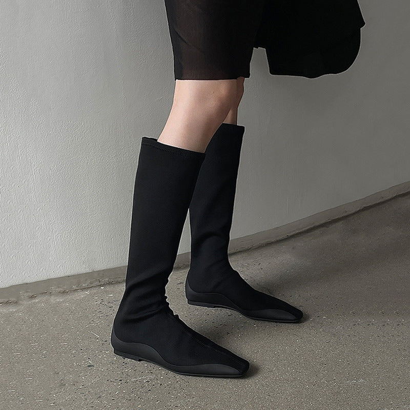 Women's Toe High Riding Flat Bottom Short Stretch Slim Boots