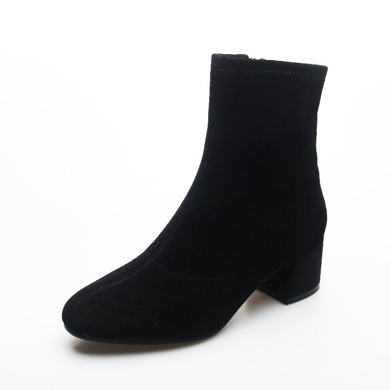 Women's Sheepskin Booties Matte Mid Chunky Suede Heels