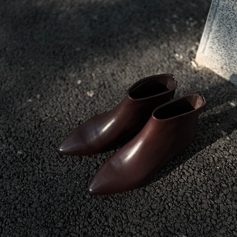 Pointed Ankle Vintage Zipper Genuine Basic Women's Fashion Shoes