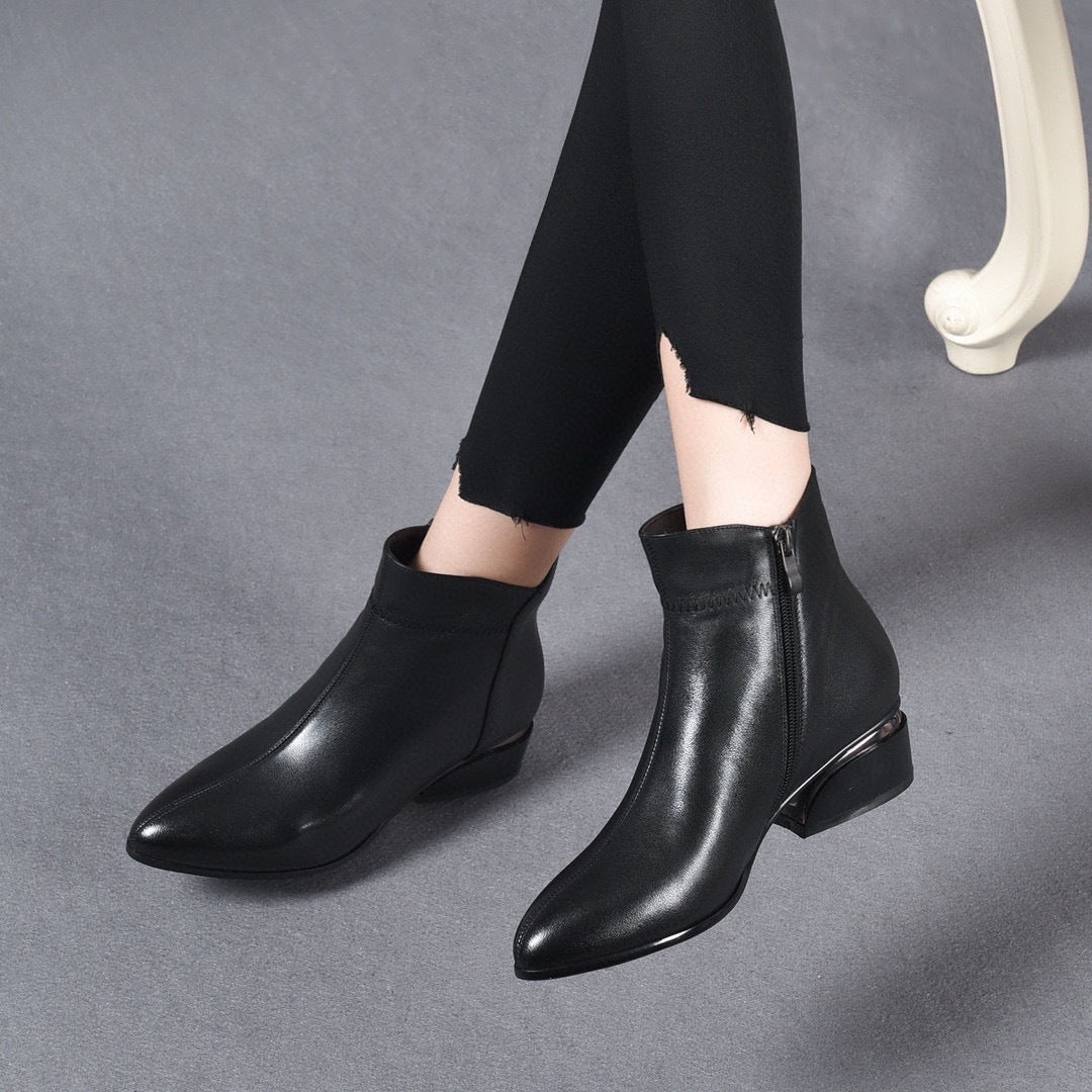 Women's Soft Calf Flat Ankle Pointed Thick Fleece-lined Mother's Cotton Heels