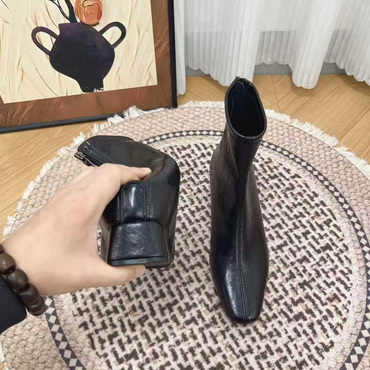 Minimalist Skinny Female Temperament Square Toe Chunky Height Increasing Insole Women's Leather Boots