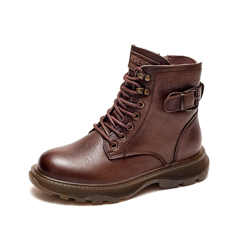 Women's Cowhide Platform Solid Color Belt Buckle Boots