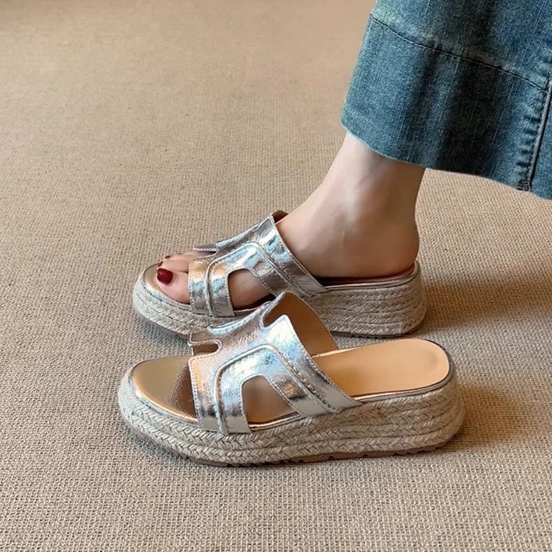 Women's Cowhide Version Straw Woven Platform Outdoor Slippers