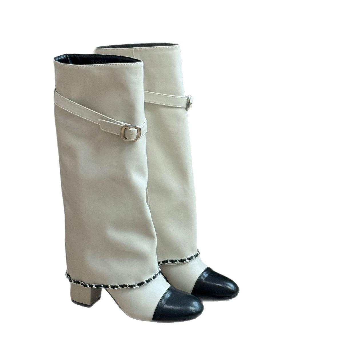 High Classic Style Chain Chunky Pantyhose Women's Leather Boots