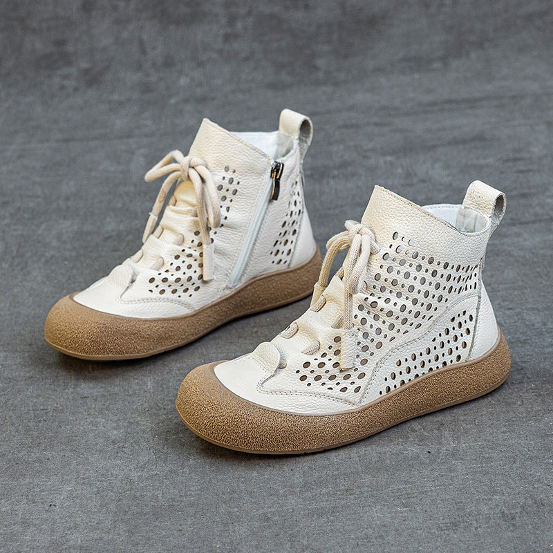 Women's Layer Cowhide Hollow Flat Soft Bottom Boots