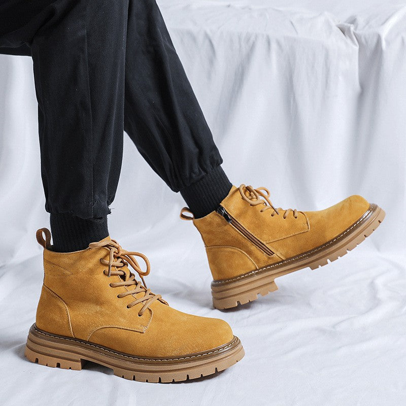 Men's Round Head Pigskin High Top Length Thick Boots
