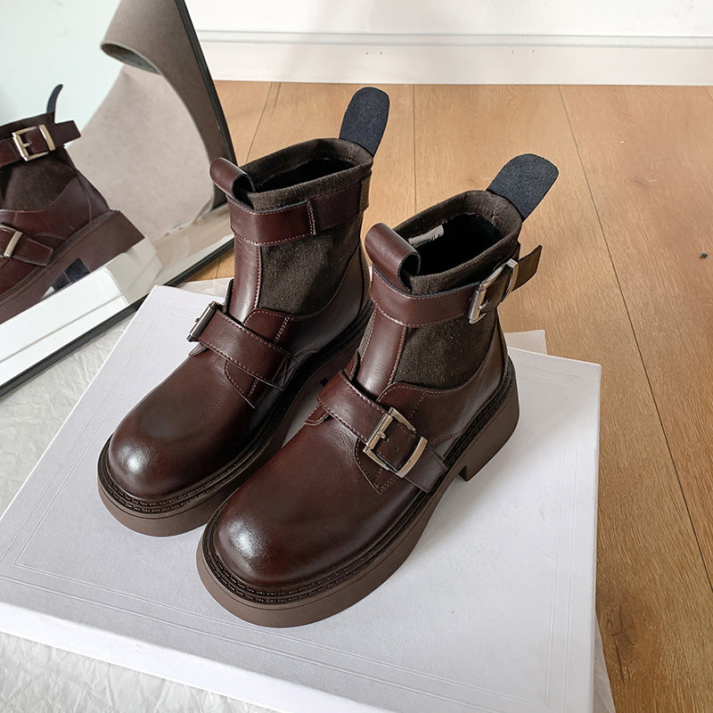 Women's British Style Retro Belt Buckle Chunky Boots