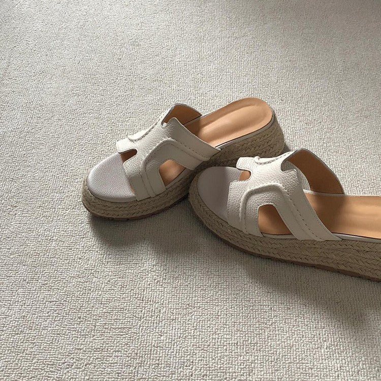 Women's Cowhide Version Straw Woven Platform Outdoor Slippers