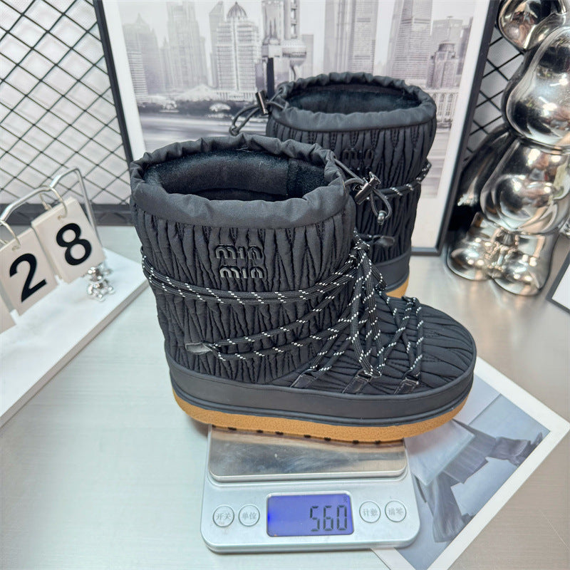 Classic Winter Imported Lamb Wool Pleated Nylon Strap Snow Boots
