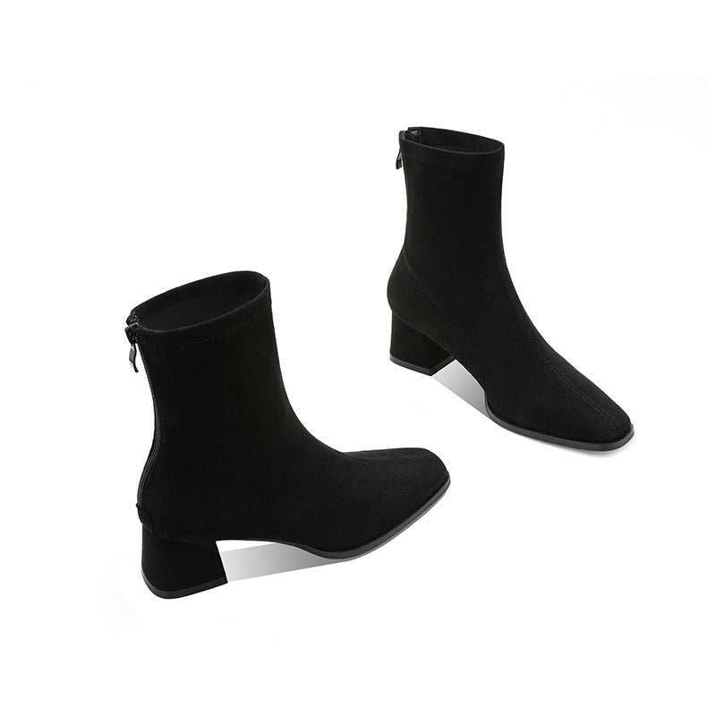 Women's Ankle For Elegant Simple Fashionable Slimming Back Zipper Square Women's Leather Boots
