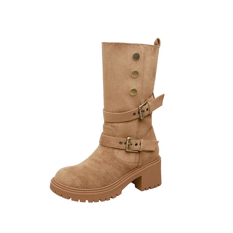 Women's Two-way Wide Short Suede Middle Buckle Women's Leather Boots