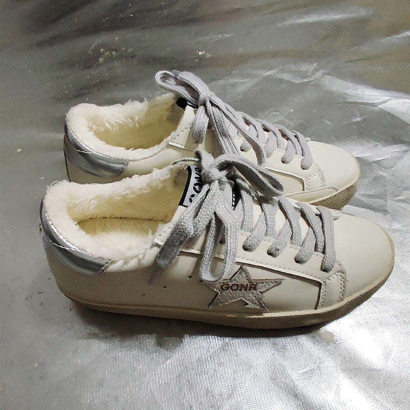 Women's & Men's Cowhide Distressed Dirty White Height Increasing Insole Couple Sneakers