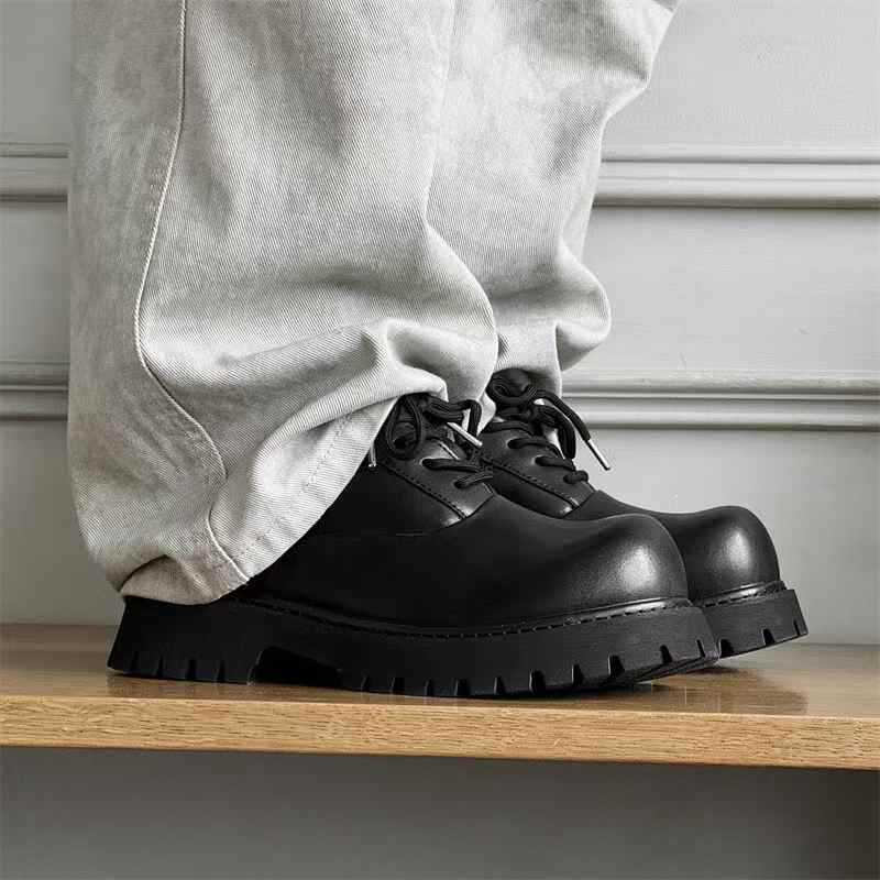Men's Thick Bottom Derby British Round Head Increased Lovers Men's Casual Leather Shoes