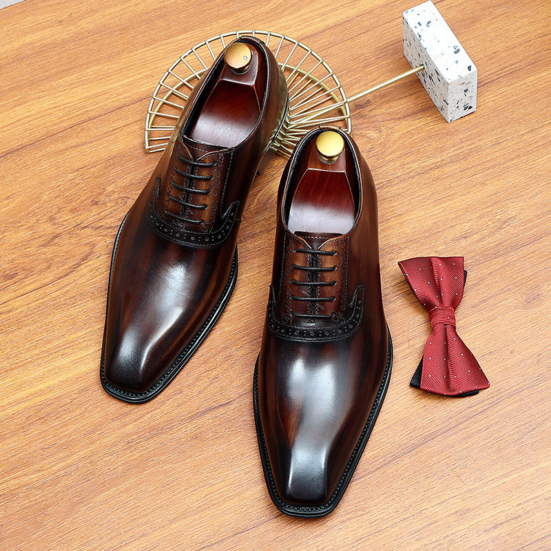 Men's Layer Cowhide Business Formal Wear Carved Genuine British Retro Leather Shoes