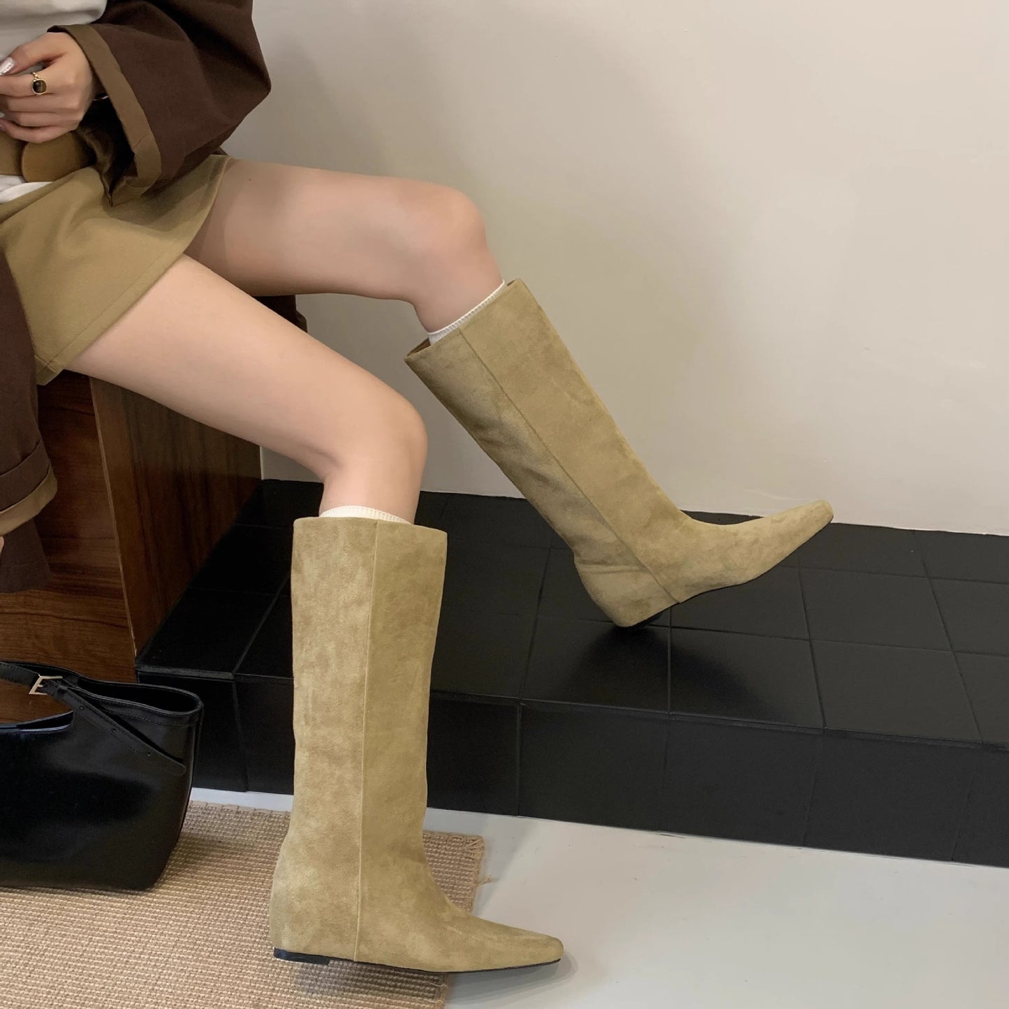 Women's Height Increasing Insole Retro Below The Knee Women's Leather Boots