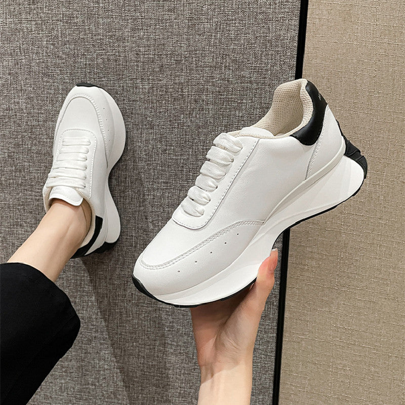 Women's Cowhide Breathable Daddy Sports Thick Bottom White Hight Sneakers