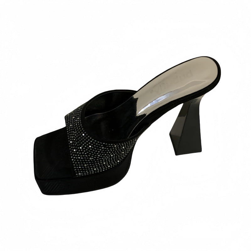 Women's Black Fashion Thick Bottom Chunky Rhinestone High Heeled Sandals