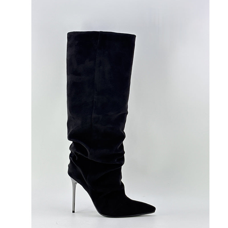 Women's High Side Zipper Pleated Leopard Print Women's Leather Boots