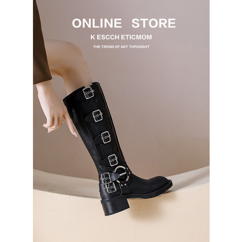 Women's Buckle Chunky Martin Below The Knee British Style Plus Boots