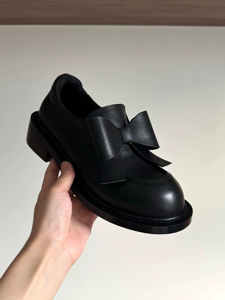 Women's Genuine Preppy Style Bow Round Toe Chunky Leather Shoes
