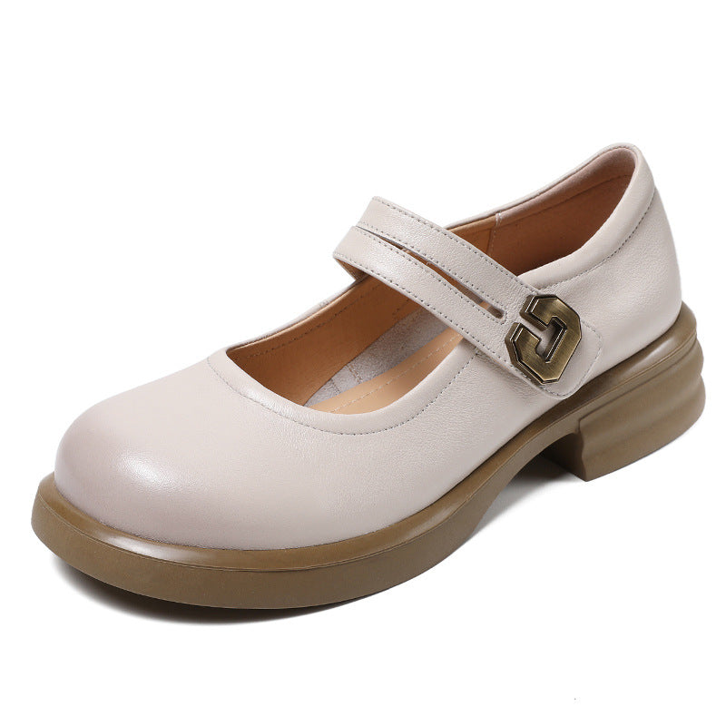 Women's Layer Cowhide French Style Mary Jane Spring White Leather Shoes