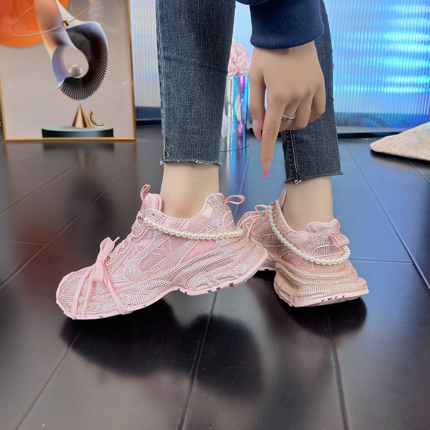 Women's Crystal Full Diamond Mesh Ice Feeling Breathable Type Dad Sneakers