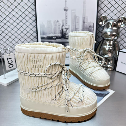 Classic Winter Imported Lamb Wool Pleated Nylon Strap Snow Boots