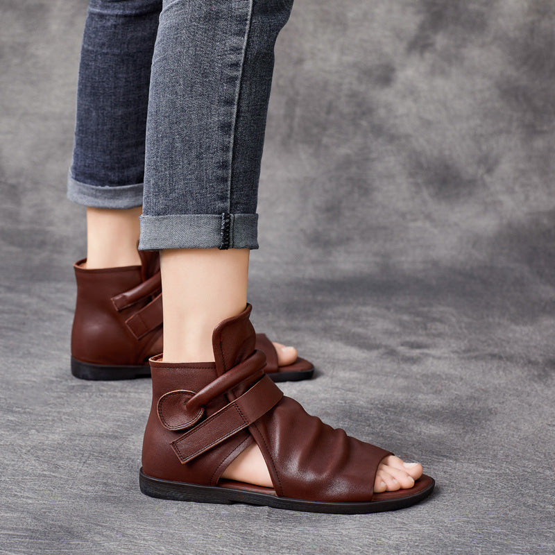 Handmade Cowhide Velcro Fish Mouth Single Flat Sandals