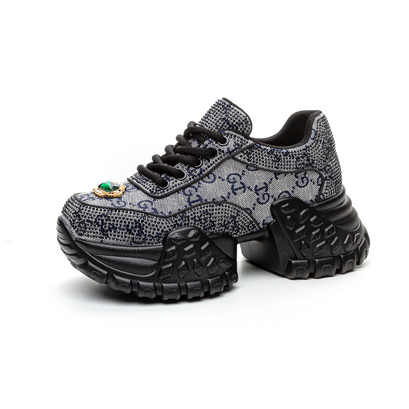 Women's Dad Platform Height Increasing Rhinestone Denim Korean Fashion Casual Shoes