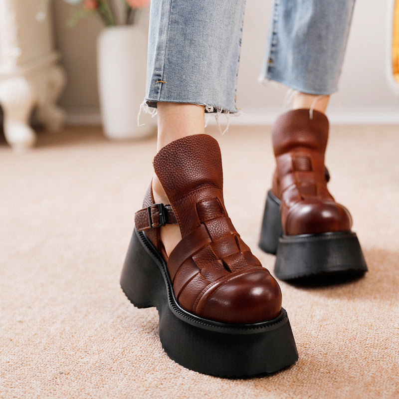Women's Cowhide Woven Platform Comfortable Wedge Genuine Sandals