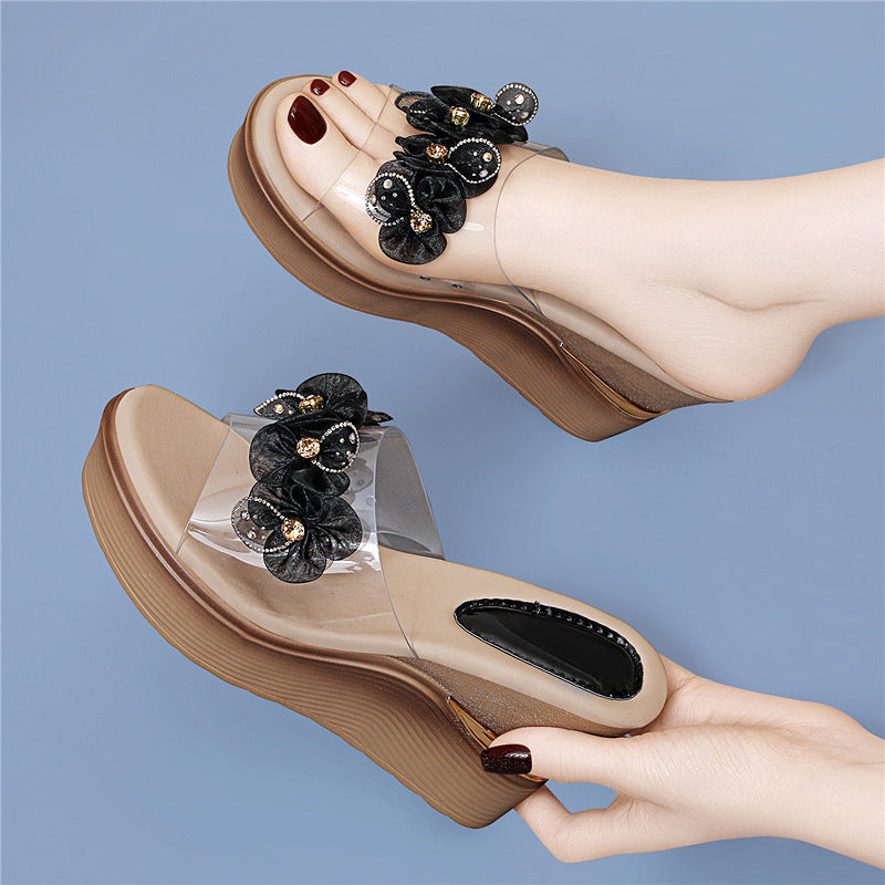 Women's Wedge Summer Outdoor High Rhinestone Sequin Slippers